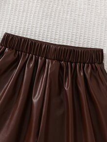 SHEIN Tween Girl Solid Color Long Sleeve T-Shirt And PU Leather Skort Casual Daily Outfit - Multicolor - View 7