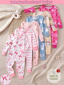 Baby Girl Cartoon Print Long Sleeve One-Piece Pajamas, Cute Playful Style, Pink Soft Skin-Friendly Knit Fabric, Slim Fit, Zipper Design, Romper, Spring Autumn Winter Home Wear, Suitable For Outdoor Wear, 2-In-1 - Multicolor - View 1