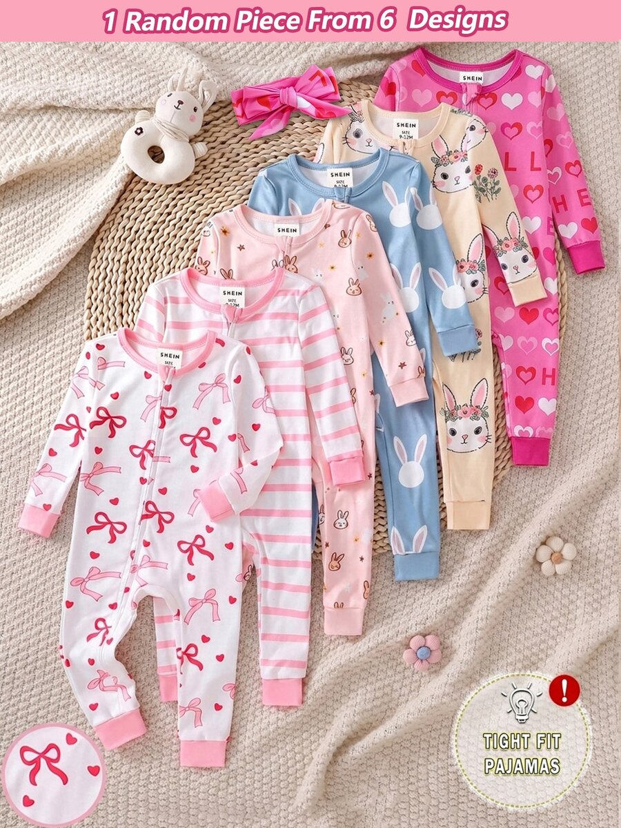 Baby Girl Cartoon Print Long Sleeve One-Piece Pajamas, Cute Playful Style, Pink Soft Skin-Friendly Knit Fabric, Slim Fit, Zipper Design, Romper, Spring Autumn Winter Home Wear, Suitable For Outdoor Wear, 2-In-1 - Multicolor - View 1