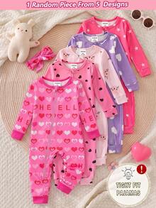 Baby Girl Cartoon Print Long Sleeve One-Piece Pajamas, Cute Playful Style, Pink Soft Skin-Friendly Knit Fabric, Slim Fit, Zipper Design, Romper, Spring Autumn Winter Home Wear, Suitable For Outdoor Wear, 2-In-1 - Multicolor - View 6