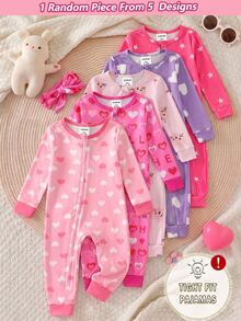 Baby Girl Cartoon Print Long Sleeve One-Piece Pajamas, Cute Playful Style, Pink Soft Skin-Friendly Knit Fabric, Slim Fit, Zipper Design, Romper, Spring Autumn Winter Home Wear, Suitable For Outdoor Wear, 2-In-1 - Multicolor - View 3