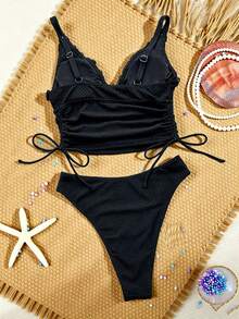 SHEIN Swim 女款夏季兩件式海灘套裝，黑色針織提花面料，深V領，可調節雙肩帶，抓皺休閒海灘穿搭，泳池派對比基尼套裝，兩件式泳衣 - 黑色 - 查看 3