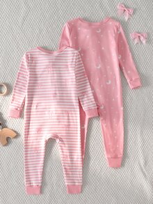 SHEIN Baby Girl Fashion Sweet Striped Bowknot Star Moon Pattern Comfortable 2pcs Long Sleeve Long Leg Fitted Romper Loungewear - Multicolor - View 3