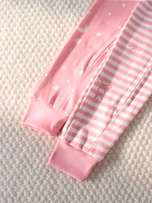 SHEIN Baby Girl Fashion Sweet Striped Bowknot Star Moon Pattern Comfortable 2pcs Long Sleeve Long Leg Fitted Romper Loungewear - Multicolor - View 7