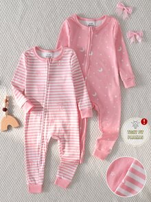 SHEIN Baby Girl Fashion Sweet Striped Bowknot Star Moon Pattern Comfortable 2pcs Long Sleeve Long Leg Fitted Romper Loungewear - Multicolor - View 4