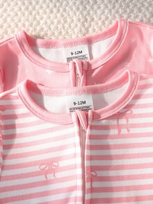 SHEIN Baby Girl Fashion Sweet Striped Bowknot Star Moon Pattern Comfortable 2pcs Long Sleeve Long Leg Fitted Romper Loungewear - Multicolor - View 6