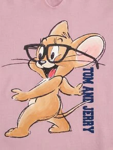 TOM & JERRY X SHEIN تي شيرت نسائي بنمط كرتوني كاجوال يومي بأكمام قصيرة - أخضر - مشاهدة 5
