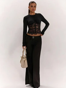 SHEIN BAE Fall& Winter Women's Sexy Black Lace Patchwork Long Sleeve Top Elegant - Black - View 4