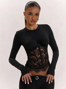 SHEIN BAE Fall& Winter Women's Sexy Black Lace Patchwork Long Sleeve Top Elegant - Black - View 1