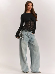 SHEIN BAE Fall& Winter Women's Sexy Black Lace Patchwork Long Sleeve Top Elegant - Black - View 6