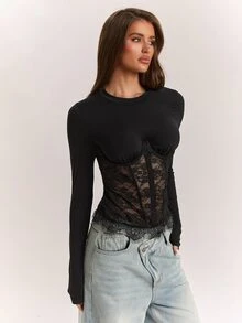SHEIN BAE Fall& Winter Women's Sexy Black Lace Patchwork Long Sleeve Top Elegant - Black - View 7