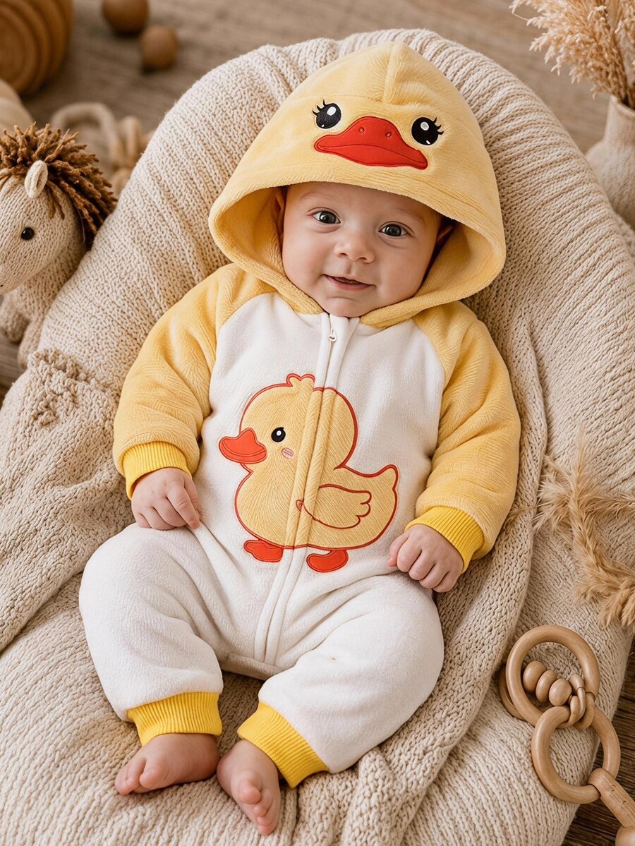 SHEIN Baby Girl Cartoon Graphic Raglan Sleeve Zip Up Hooded Flannel Autumn Winter Jumpsuit - Multicolor - View 1