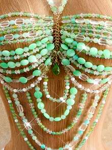 Mistrie Women's Summer Vacation Spaghetti Strap Tank Top, Crystal Beaded Party Rave Music Tropical Rave Rave Club Green And White Fairycore Sexy - Green - View 7