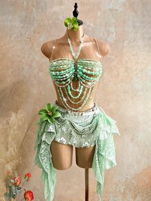 Mistrie Women's Summer Vacation Spaghetti Strap Tank Top, Crystal Beaded Party Rave Music Tropical Rave Rave Club Green And White Fairycore Sexy - Green - View 3