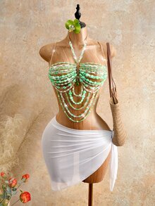 Mistrie Women's Summer Vacation Spaghetti Strap Tank Top, Crystal Beaded Party Rave Music Tropical Rave Rave Club Green And White Fairycore Sexy - Green - View 5