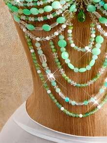 Mistrie Women's Summer Vacation Spaghetti Strap Tank Top, Crystal Beaded Party Rave Music Tropical Rave Rave Club Green And White Fairycore Sexy - Green - View 4