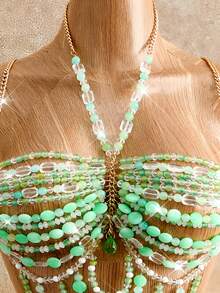 Mistrie Women's Summer Vacation Spaghetti Strap Tank Top, Crystal Beaded Party Rave Music Tropical Rave Rave Club Green And White Fairycore Sexy - Green - View 8