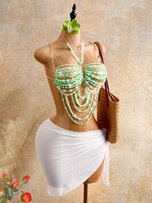 Mistrie Women's Summer Vacation Spaghetti Strap Tank Top, Crystal Beaded Party Rave Music Tropical Rave Rave Club Green And White Fairycore Sexy - Green - View 6
