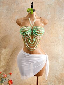 Mistrie Women's Summer Vacation Spaghetti Strap Tank Top, Crystal Beaded Party Rave Music Tropical Rave Rave Club Green And White Fairycore Sexy - Green - View 9