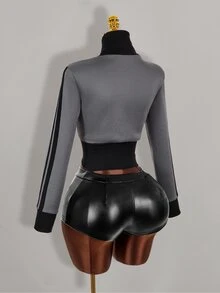 Amplova Contrast Color Fitted Ribbed Slim Zipper Striped Sweatshirt For Women - Grey - View 5