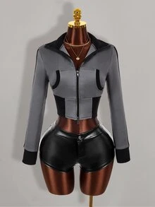 Amplova Contrast Color Fitted Ribbed Slim Zipper Striped Sweatshirt For Women - Grey - View 2