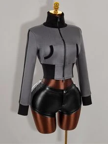 Amplova Contrast Color Fitted Ribbed Slim Zipper Striped Sweatshirt For Women - Grey - View 7