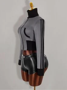 Amplova Contrast Color Fitted Ribbed Slim Zipper Striped Sweatshirt For Women - Grey - View 4