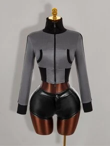 Amplova Contrast Color Fitted Ribbed Slim Zipper Striped Sweatshirt For Women - Grey - View 16