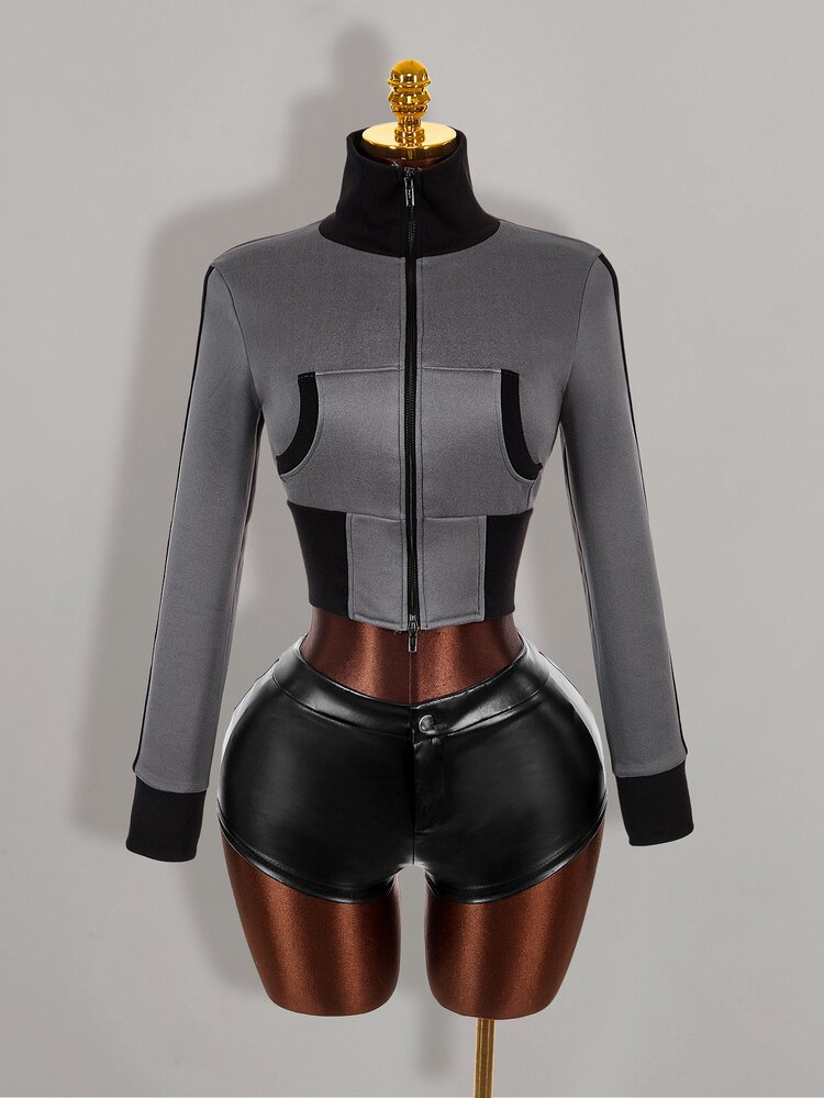 Amplova Contrast Color Fitted Ribbed Slim Zipper Striped Sweatshirt For Women - Grey - View 16