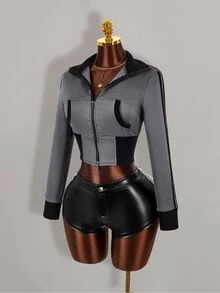 Amplova Contrast Color Fitted Ribbed Slim Zipper Striped Sweatshirt For Women - Grey - View 11