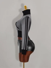 Amplova Contrast Color Fitted Ribbed Slim Zipper Striped Sweatshirt For Women - Grey - View 3