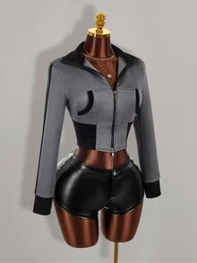Amplova Contrast Color Fitted Ribbed Slim Zipper Striped Sweatshirt For Women - Grey - View 13