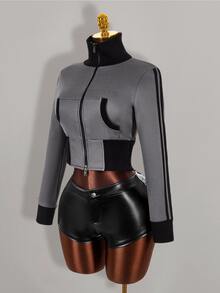 Amplova Contrast Color Fitted Ribbed Slim Zipper Striped Sweatshirt For Women - Grey - View 15
