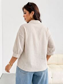 Shapeblank Plus Size Women Metal Heart Single-Breasted 3/4 Sleeve Striped Casual Shirt Summer - Apricot - View 4