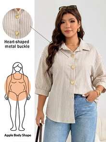 Shapeblank Plus Size Women Metal Heart Single-Breasted 3/4 Sleeve Striped Casual Shirt Summer - Apricot - View 2