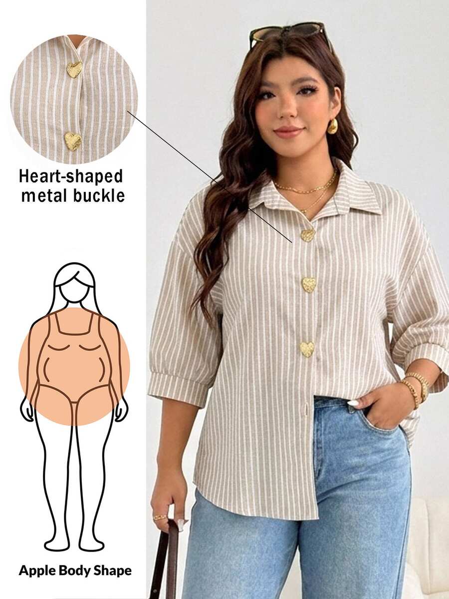 Shapeblank Plus Size Women Metal Heart Single-Breasted 3/4 Sleeve Striped Casual Shirt Summer