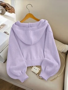SHEIN 女童柔軟針織連帽開襟衫，前扣鈕扣，舒適毛絨觸感，可愛休閒風毛衣，適合大童與幼童，秋冬校園穿搭，薰衣草色 - 淡紫色 - 查看 2