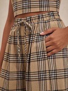 NYA SZN Pants High Waisted Rise Balloon Pant Loose Oversized Brown Plaid Warm Weather Summer Office Event Party Occasion Vacation Beach Concert Airport Fall - Coffee Brown - View 4