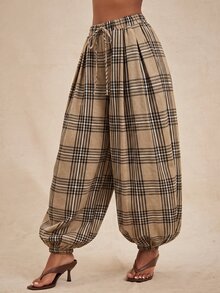 NYA SZN Pants High Waisted Rise Balloon Pant Loose Oversized Brown Plaid Warm Weather Summer Office Event Party Occasion Vacation Beach Concert Airport Fall - Coffee Brown - View 1
