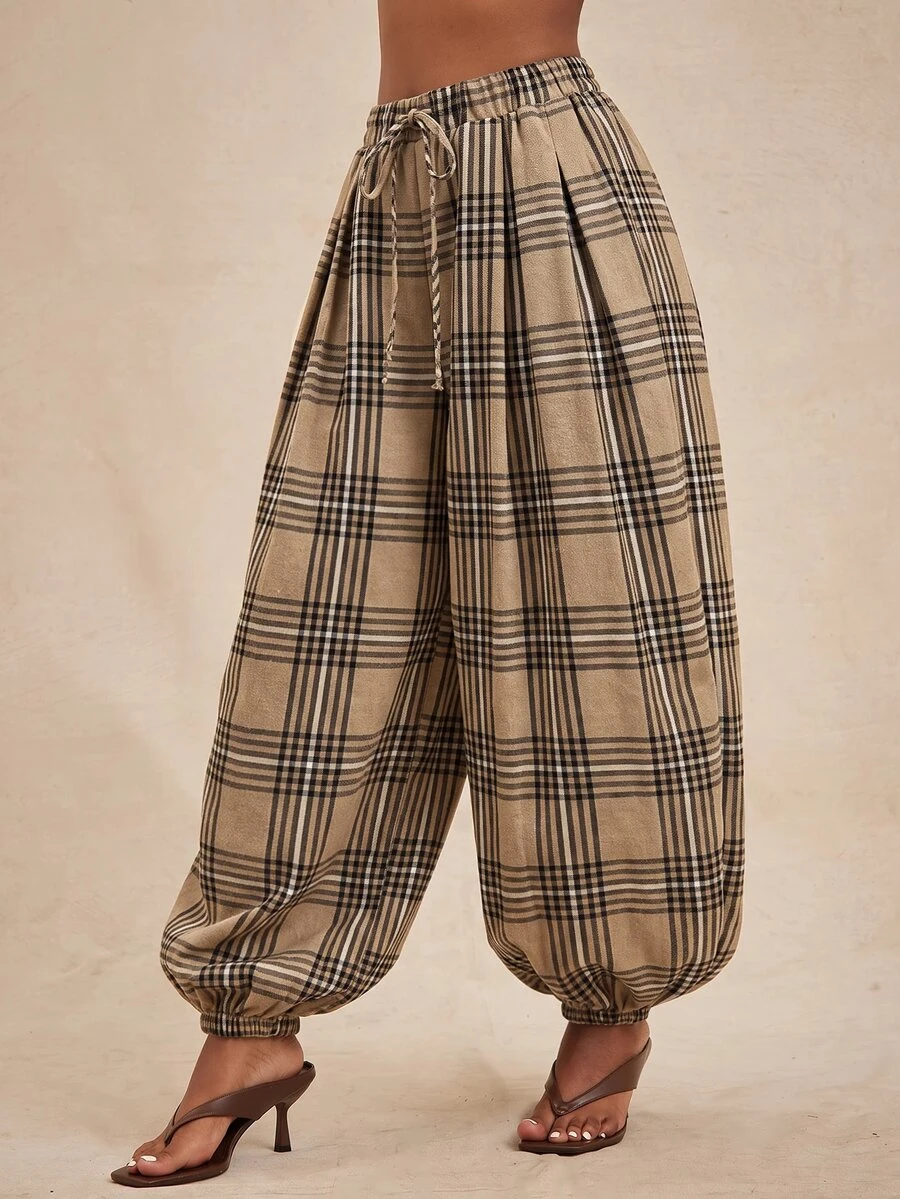 NYA SZN Pants High Waisted Rise Balloon Pant Loose Oversized Brown Plaid Warm Weather Summer Office Event Party Occasion Vacation Beach Concert Airport Fall - Coffee Brown - View 1