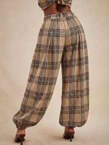NYA SZN Pants High Waisted Rise Balloon Pant Loose Oversized Brown Plaid Warm Weather Summer Office Event Party Occasion Vacation Beach Concert Airport Fall - Coffee Brown - View 6