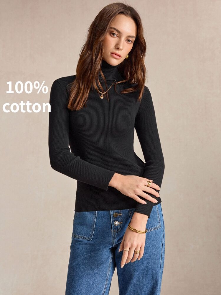 BizChic Women's Solid Color Fitted Versatile Daily Long Sleeve Sweater Black Autumn Minimalist Office Everyday Style Halloween Back To School Church Casual - Black - View 4