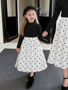 Elladie kids 女童白色2件套秋季半高領長袖上衣與高腰A字裙 親子款 適合日常穿著、戶外、生日 - 黑色 - 查看 2