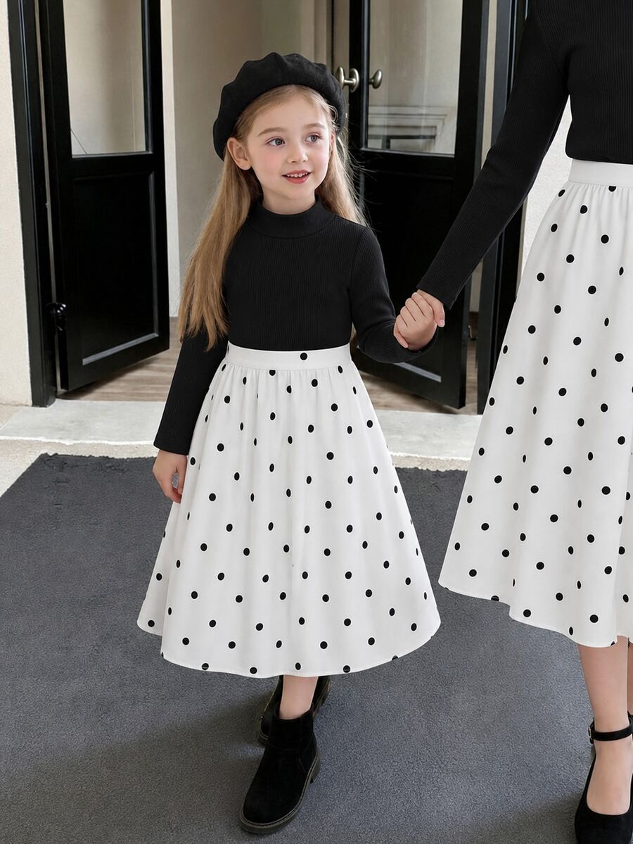 Elladie kids 女童白色2件套秋季半高領長袖上衣與高腰A字裙 親子款 適合日常穿著、戶外、生日