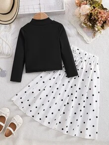 Elladie kids 女童白色2件套秋季半高領長袖上衣與高腰A字裙 親子款 適合日常穿著、戶外、生日 - 黑色 - 查看 3