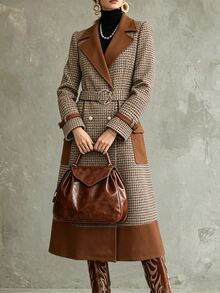 SHEIN Women Contrast Camel Houndstooth Wool Coat, Double Breasted Mid-Length Trench Coat With Waist Belt - Multicolor - View 8