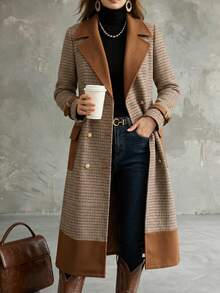 SHEIN Women Contrast Camel Houndstooth Wool Coat, Double Breasted Mid-Length Trench Coat With Waist Belt - Multicolor - View 1