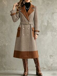 SHEIN Women Contrast Camel Houndstooth Wool Coat, Double Breasted Mid-Length Trench Coat With Waist Belt - Multicolor - View 4