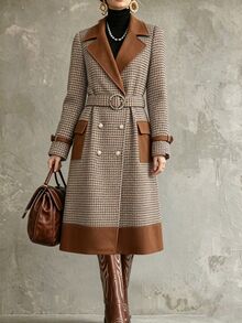 SHEIN Women Contrast Camel Houndstooth Wool Coat, Double Breasted Mid-Length Trench Coat With Waist Belt - Multicolor - View 6