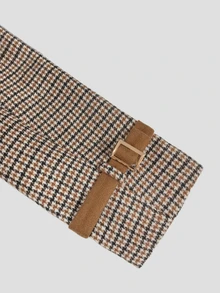 SHEIN Women Contrast Camel Houndstooth Wool Coat, Double Breasted Mid-Length Trench Coat With Waist Belt - Multicolor - View 5